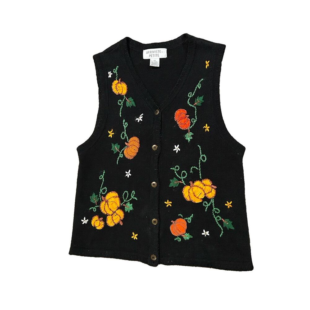 Vintage Halloween Vest Embroidered Beaded Pumpkins Button Women’s Size Petite M - Picture 2 of 7